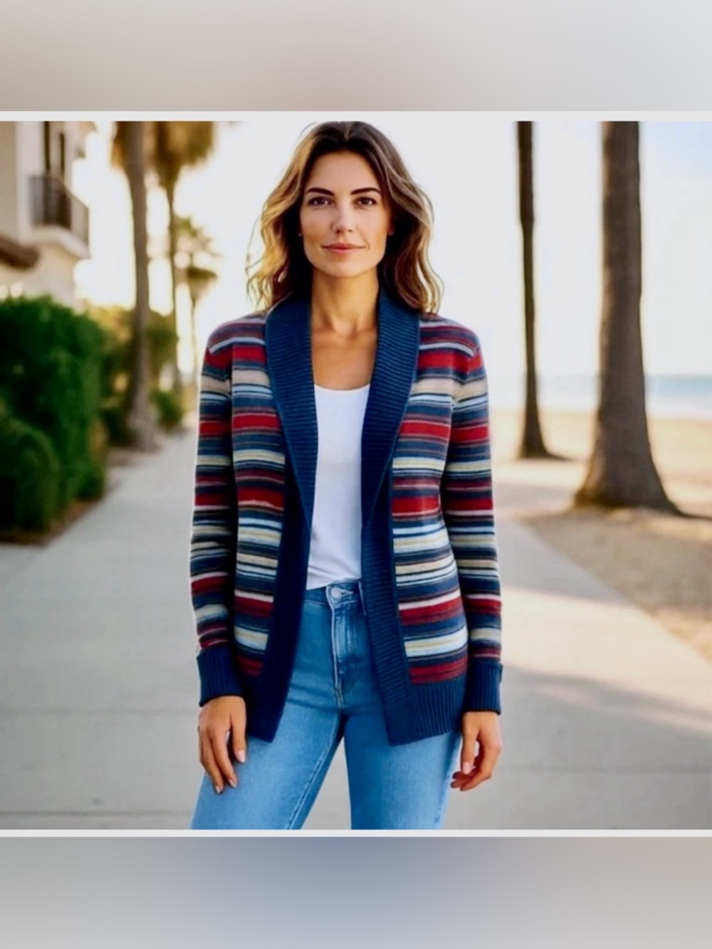 Ralph Lauren Blue-Trim Multicolor Striped Open-Front Cardigan